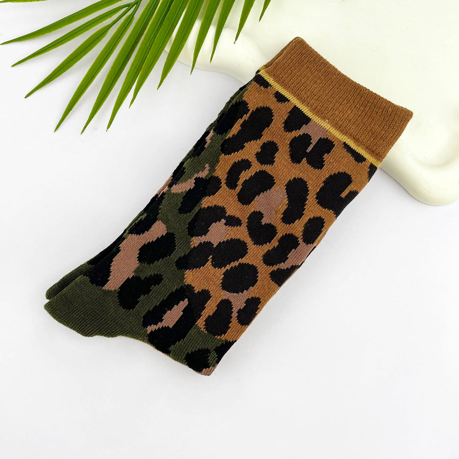 Soft Leopard Print Mid-Calf Socks: Brown