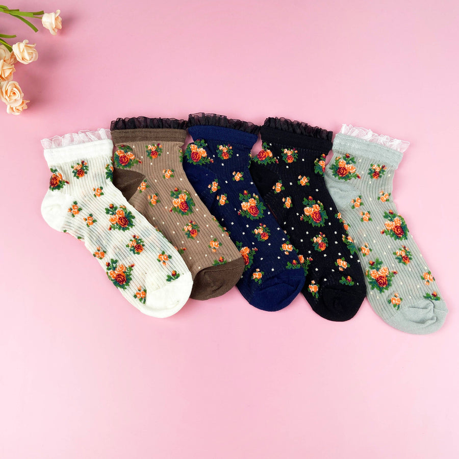 Breathable summer thin  lace socks with plants flowers: White