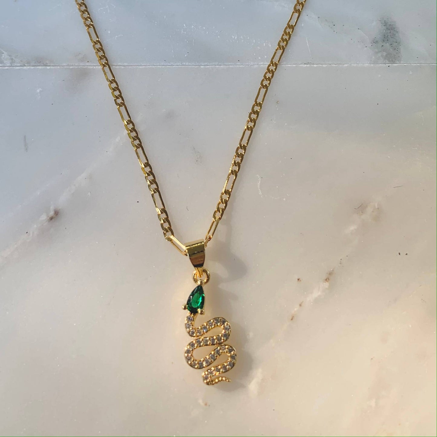 For Your Love Emerald Snake Chain Necklace. Gold Filled.
