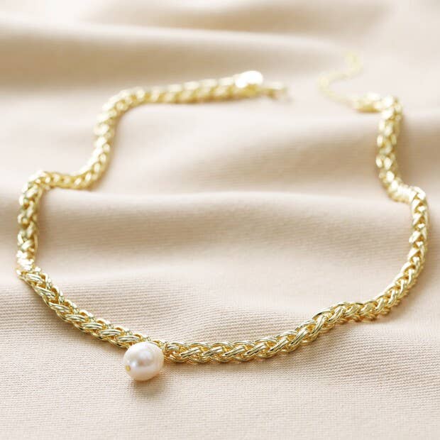 Plaited Rope Chain and Freshwater Pearl Necklace in Gold