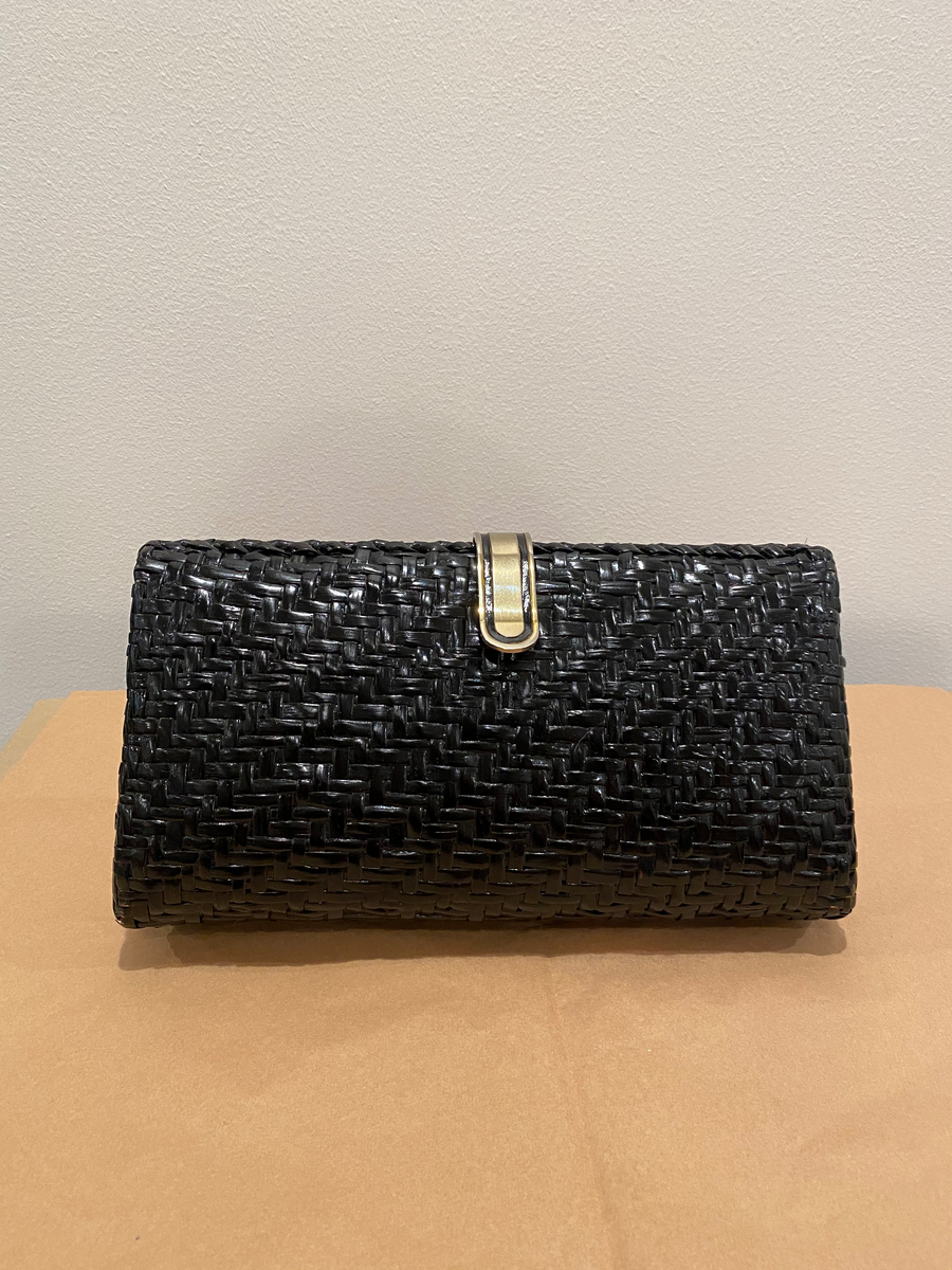 Black Wicker Hard Shell Clutch with Strap