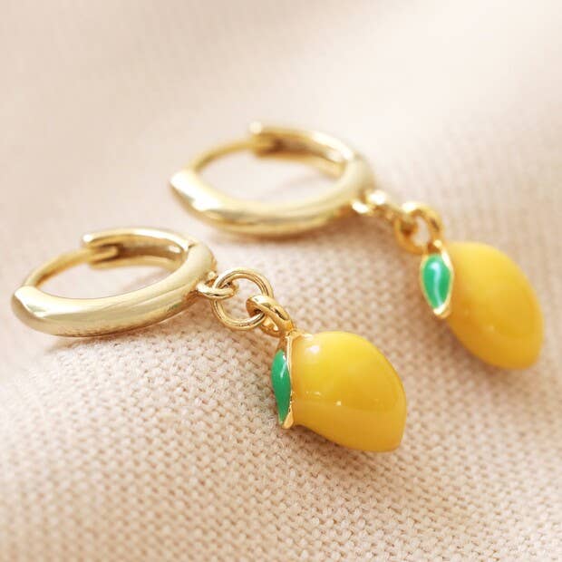 Enamel Lemon Huggie Hoop Earrings in Gold