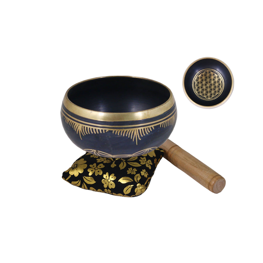 Black Flower of Life Tibetan Singing Bowl Cushion and Stick