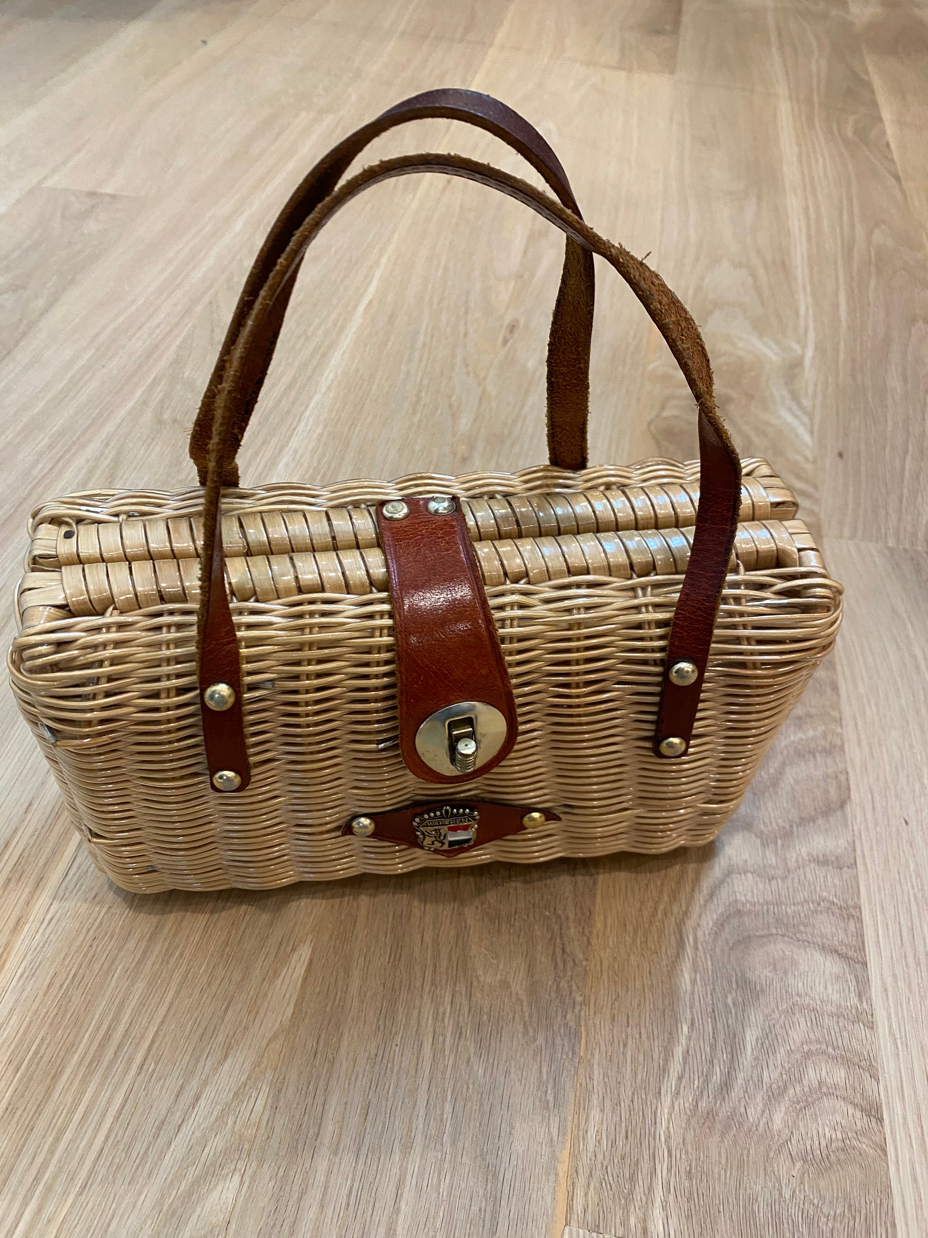 Leather Strap Wicker Purse, 1950's