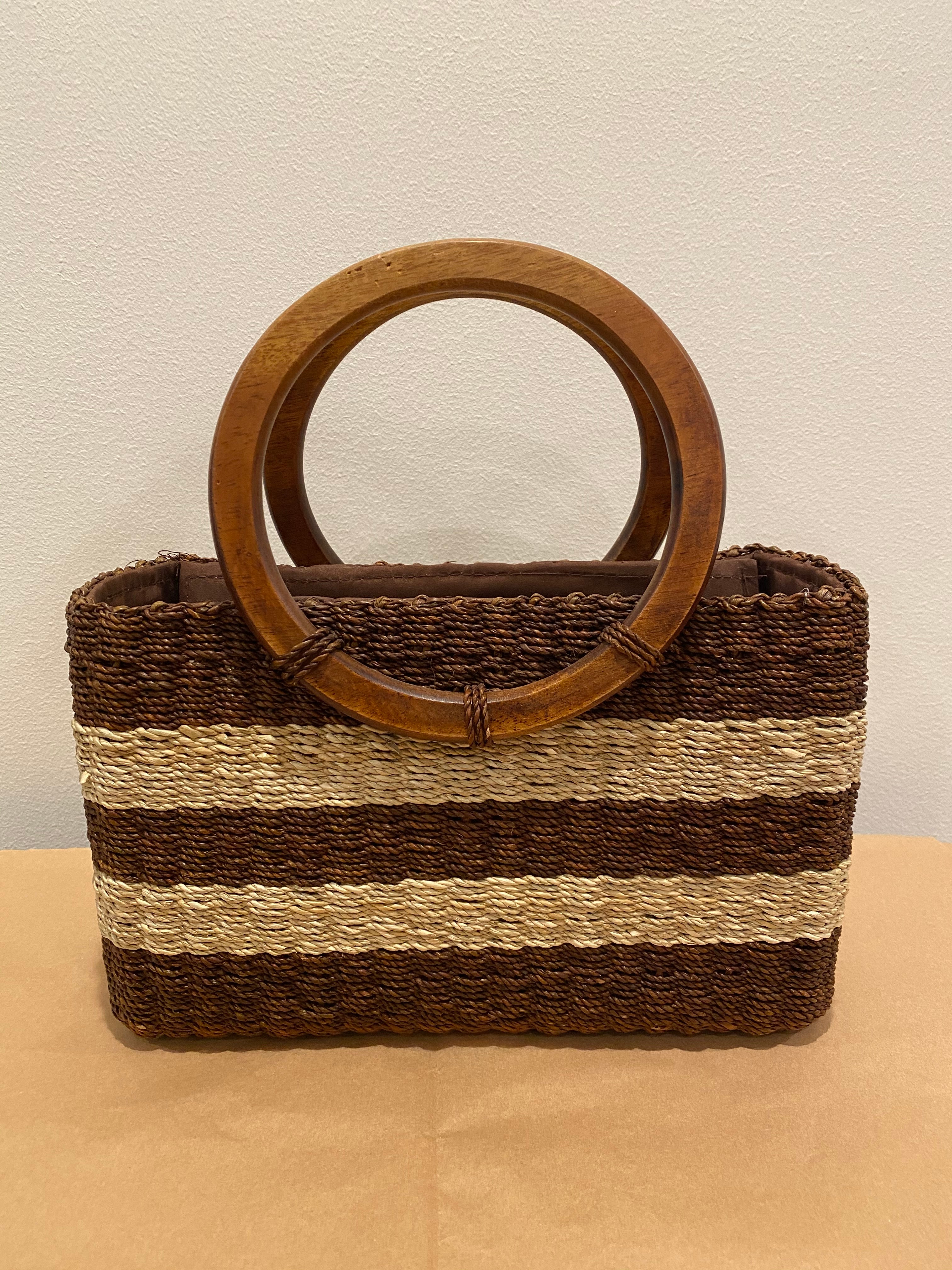 Striped Wicker Purse with Wooden Handle