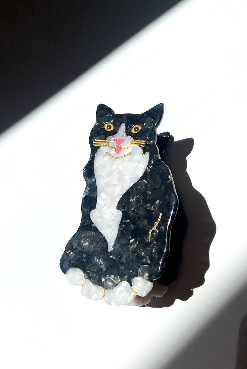 Hand-painted Tuxedo Cat Claw Hair Clip | Eco-Friendly