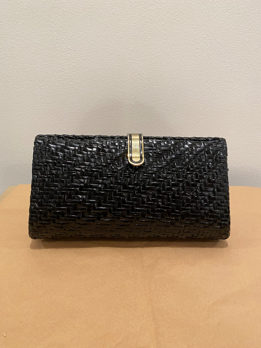 Black Wicker Hard Shell Clutch with Strap