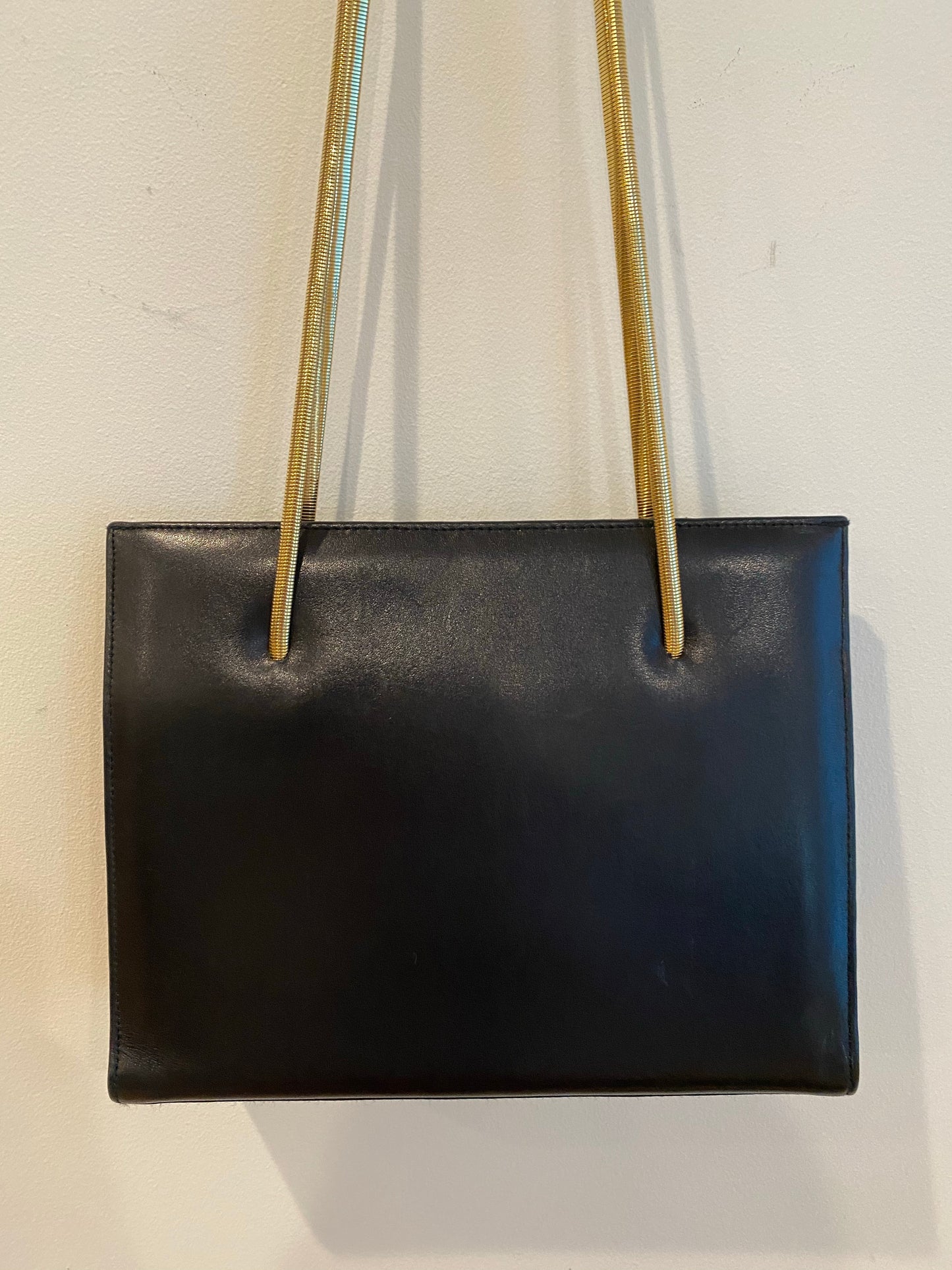 Black Leather Handbag with Gold Snakechain