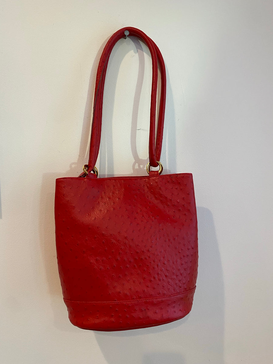 Red Faux Ostrich Bucket Bag