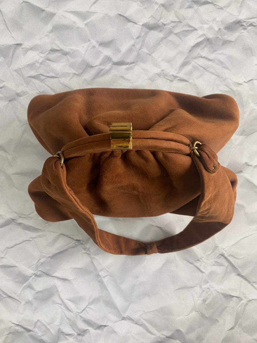 B Altman brown ultra suede snap purse, 1950's