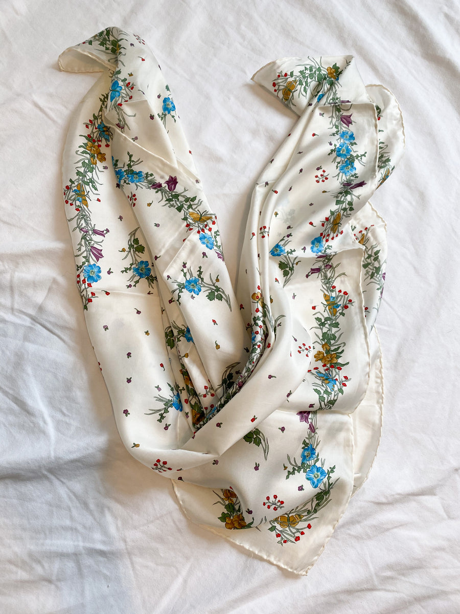 White floral silk scarf, 1970's