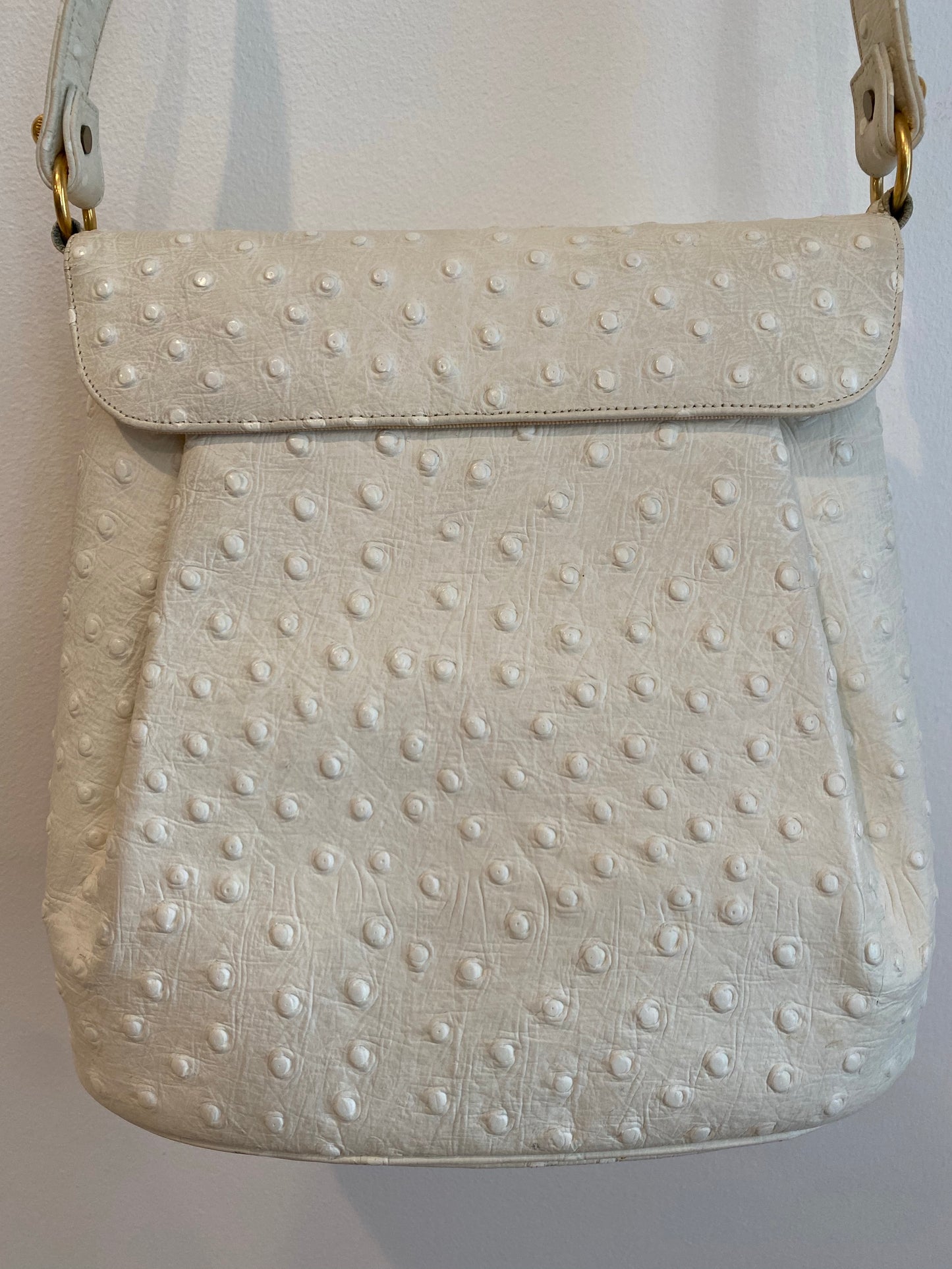 Faux White Ostrich Skin Handbag with gold Clasp
