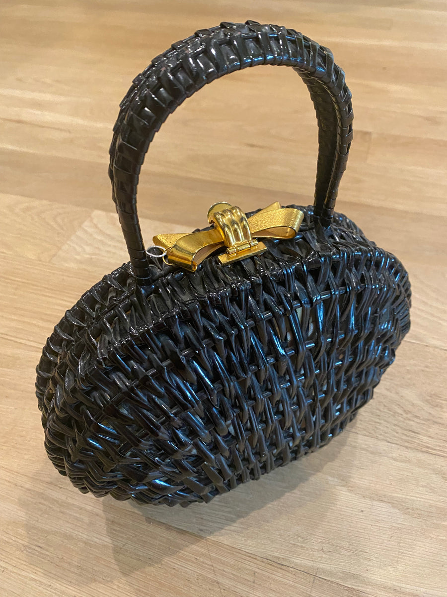 Black Clamshell Wicker Bag, 1960's