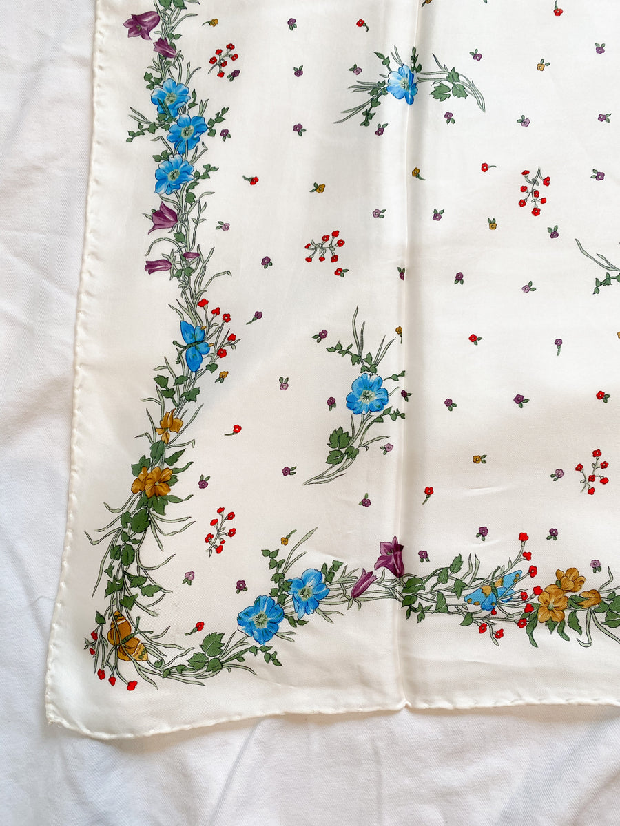 White floral silk scarf, 1970's