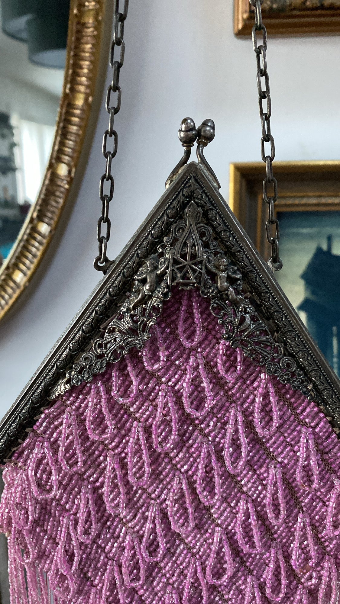 1920’s pink beaded purse with cherubs
