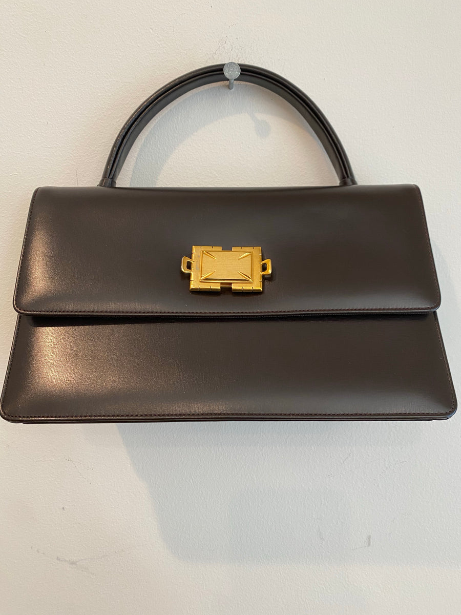 Brown Structured Handbag with Gold Square Clasp