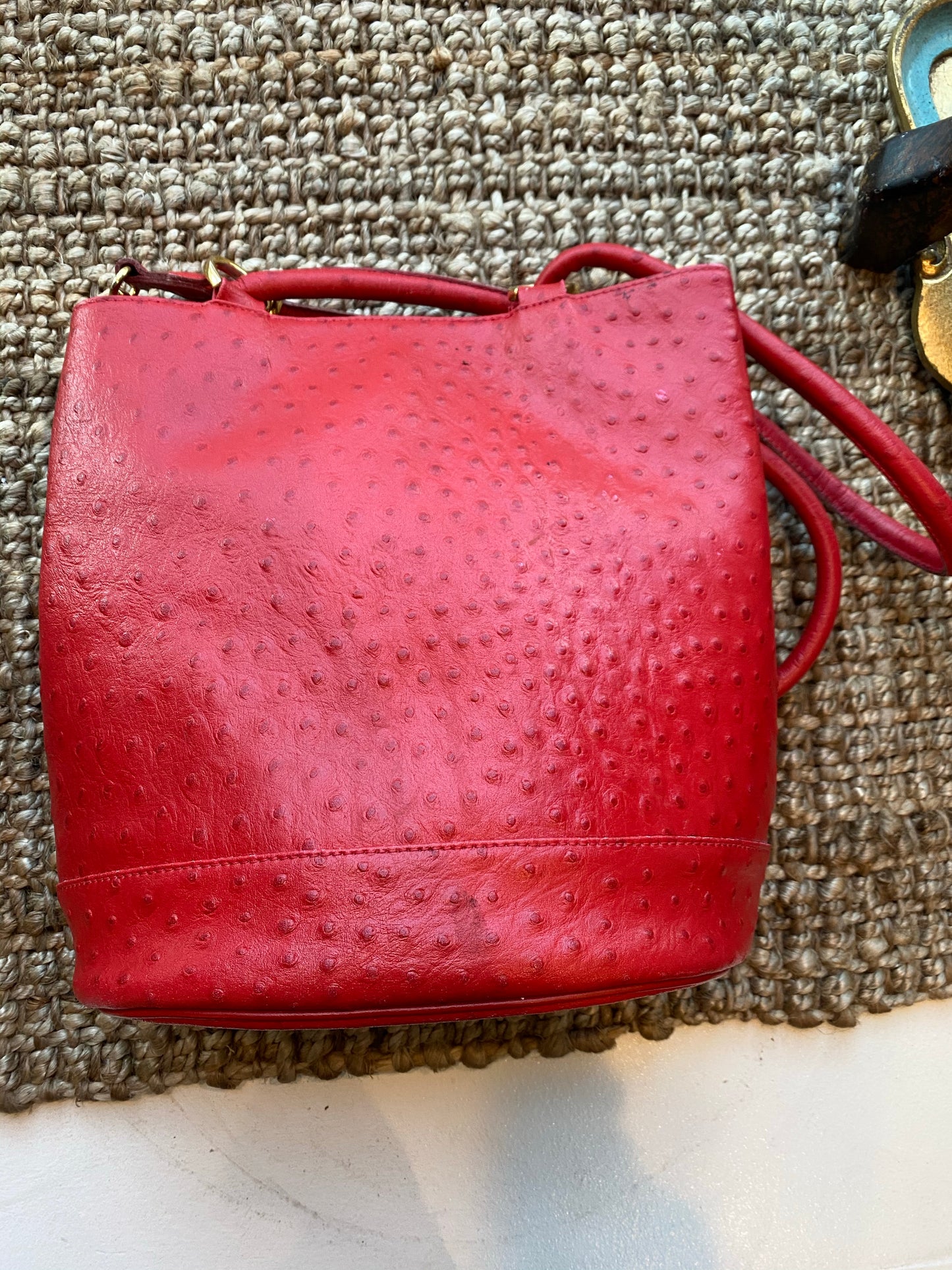 Red Faux Ostrich Bucket Bag