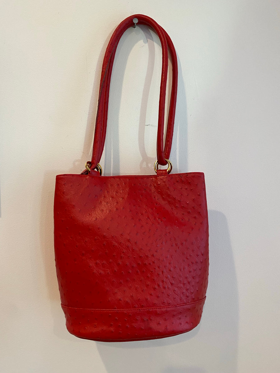 Red Faux Ostrich Bucket Bag