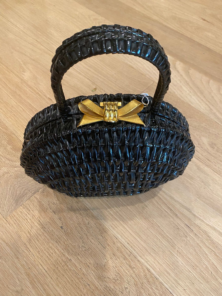 Black Clamshell Wicker Bag, 1960's