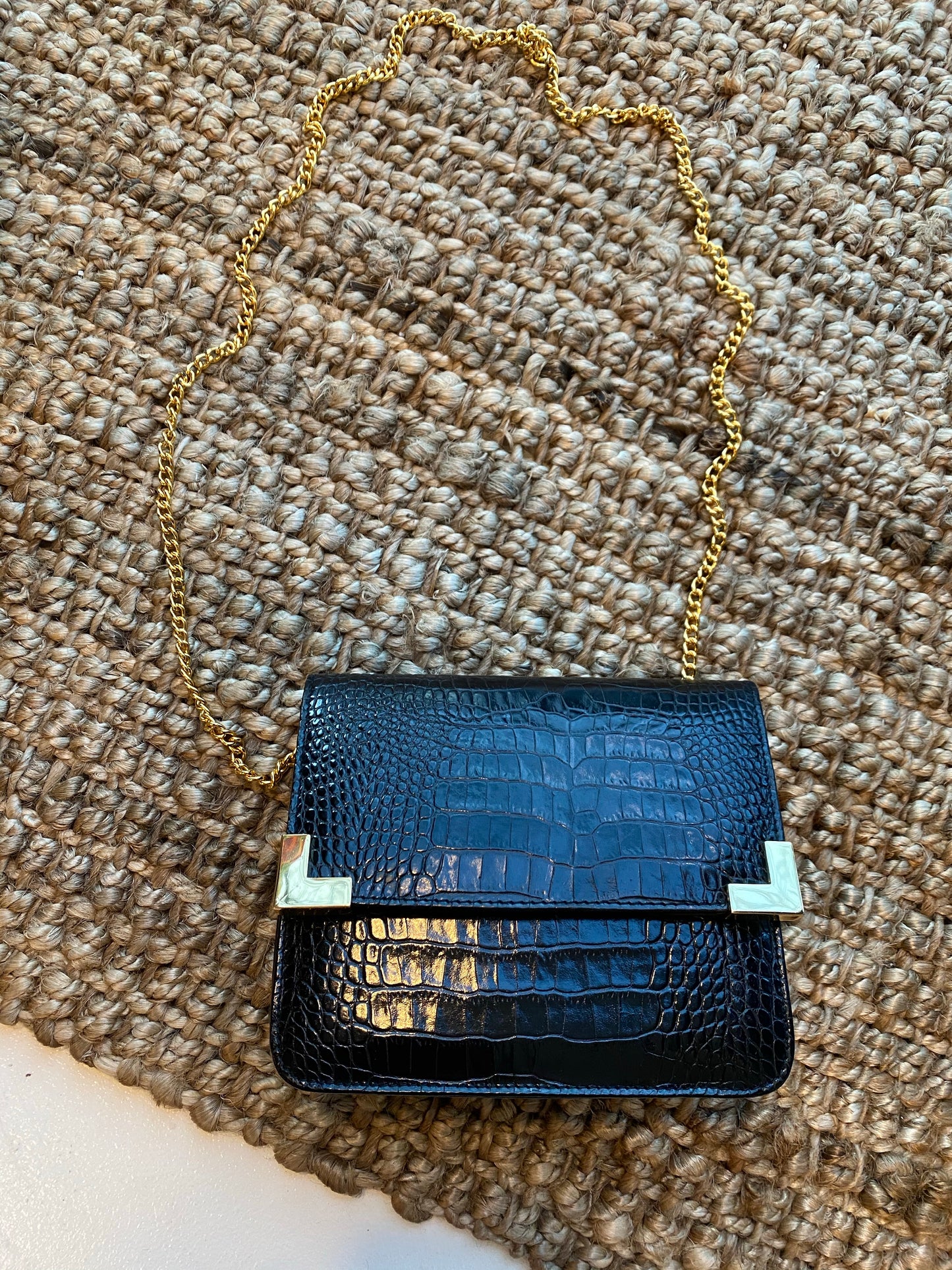 Mini Box Fold-Over Handbag with Gold Chain Strap