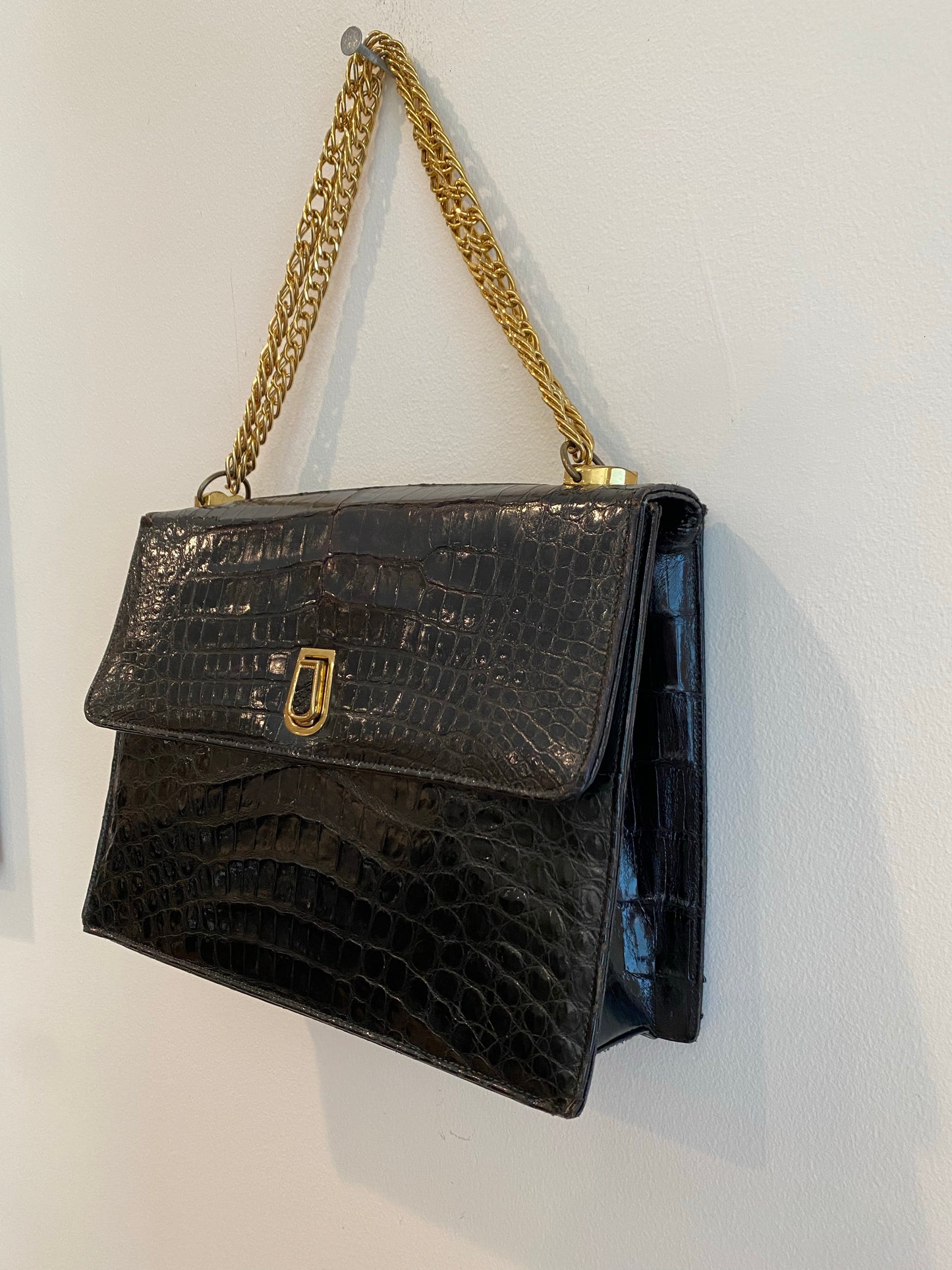 Black faux skin purse with chain handle