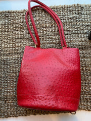 Red Faux Ostrich Bucket Bag