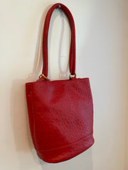 Red Faux Ostrich Bucket Bag