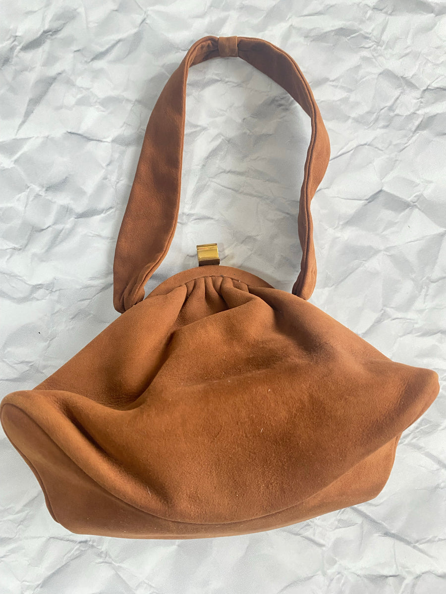 B Altman brown ultra suede snap purse, 1950's