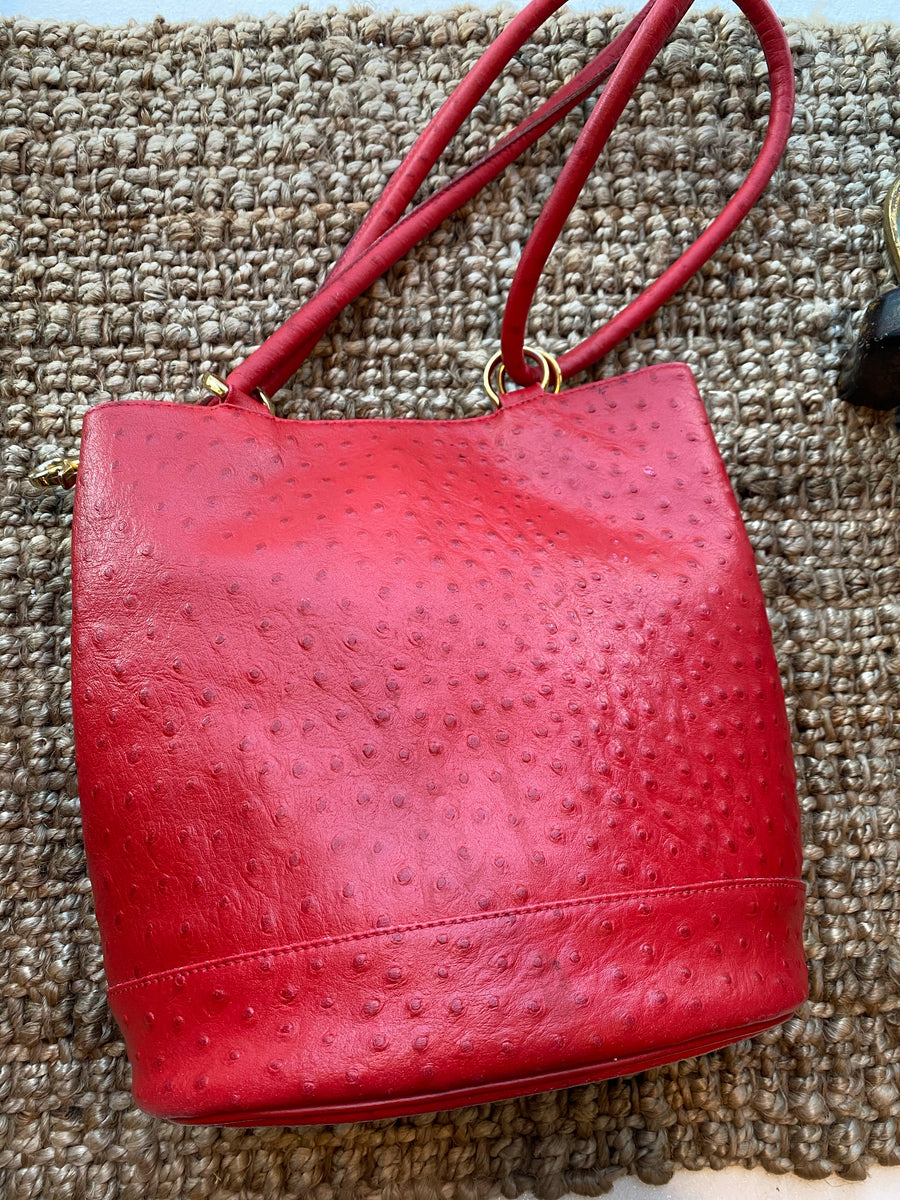 Red Faux Ostrich Bucket Bag