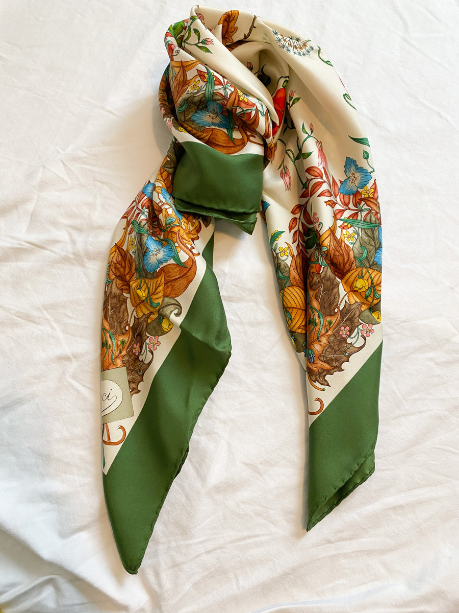 Green and Floral Vintage Scarf, 1970's