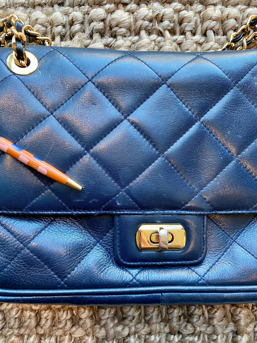 Navy Blue Quilted Handbag with Gold Chain Strap