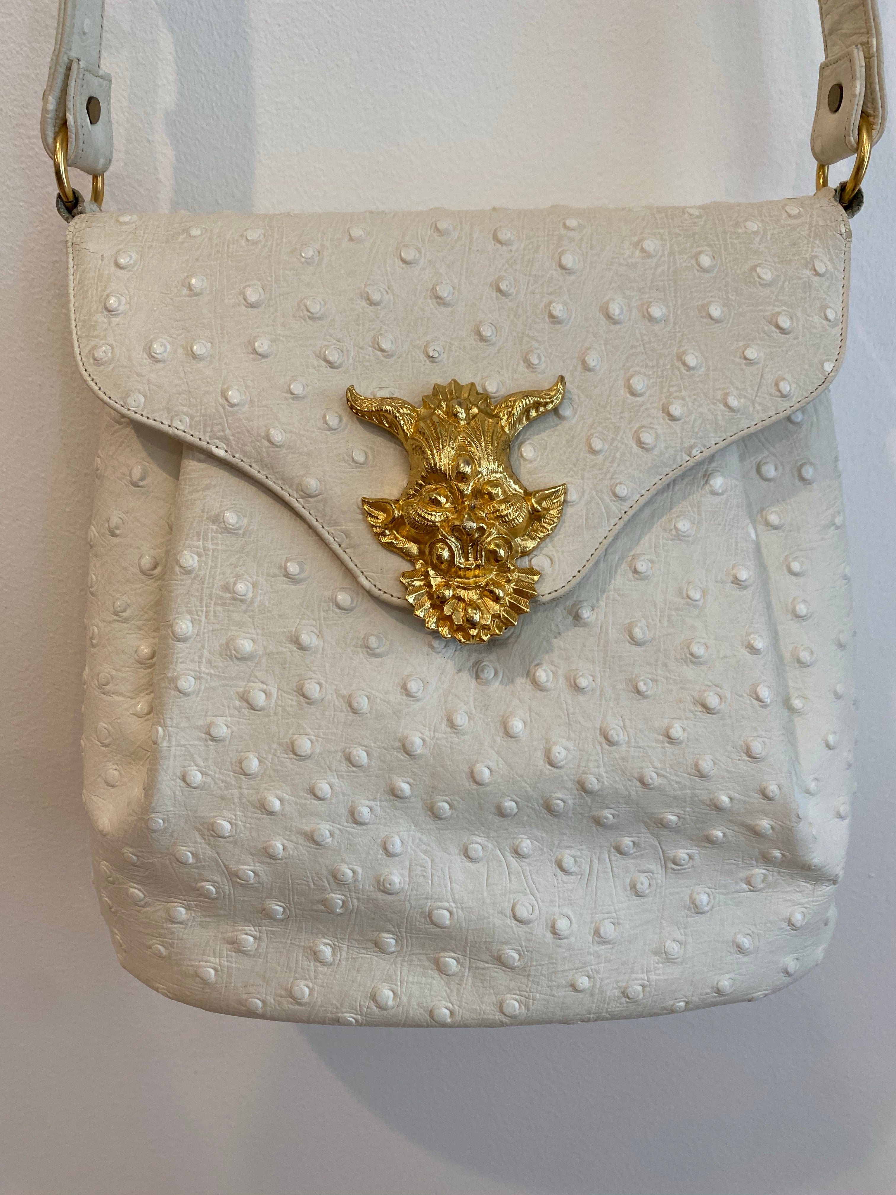 Faux White Ostrich Skin Handbag with gold Clasp