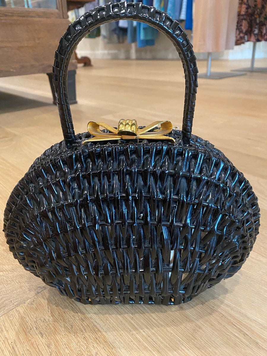 Black Clamshell Wicker Bag, 1960's