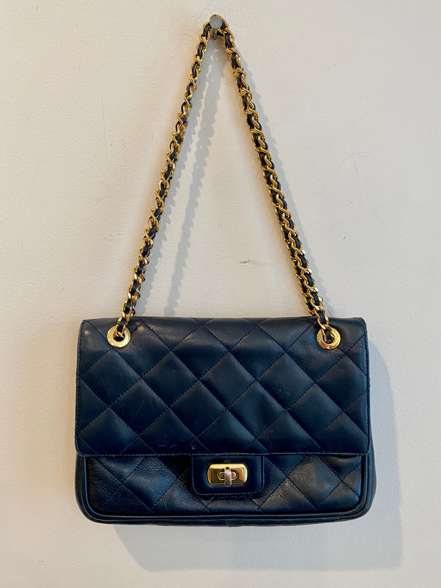 Navy Blue Quilted Handbag with Gold Chain Strap