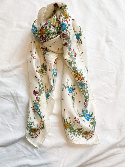White floral silk scarf, 1970's