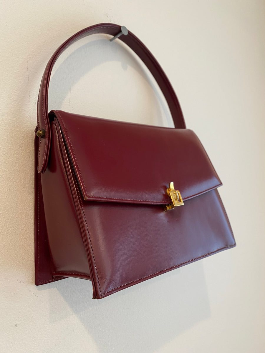 Structured leather Burgundy Box Handbag, 1950's