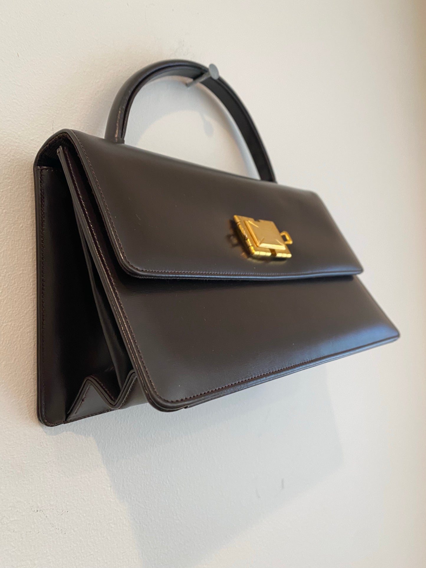 Brown Structured Handbag with Gold Square Clasp