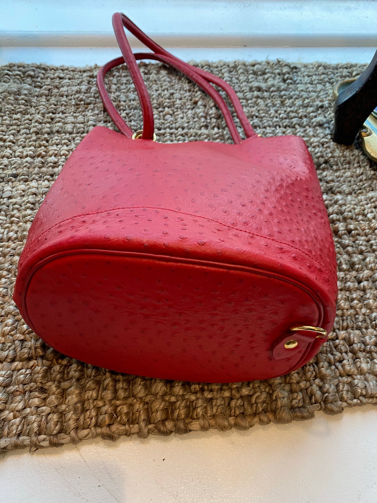 Red Faux Ostrich Bucket Bag