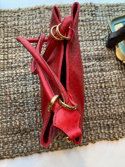 Red Faux Ostrich Bucket Bag