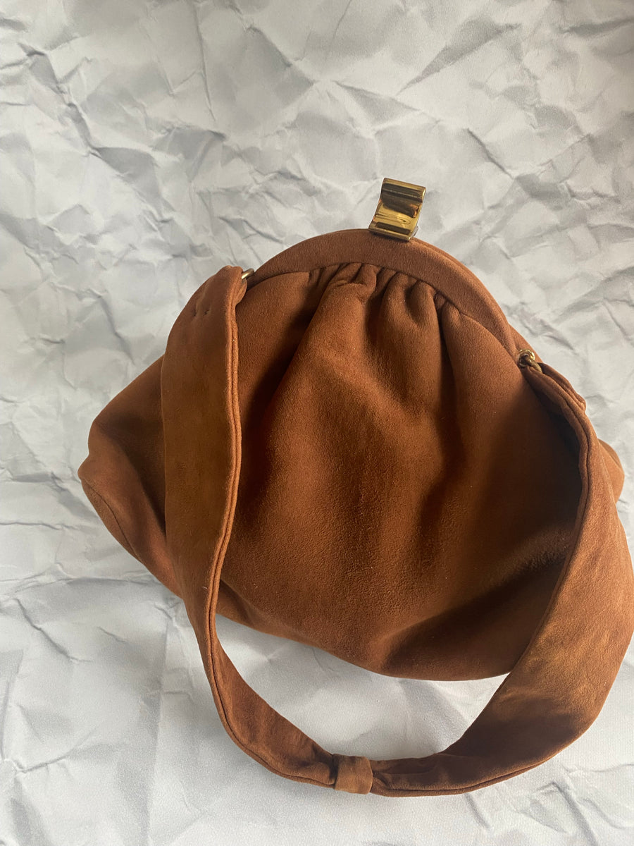 B Altman brown ultra suede snap purse, 1950's