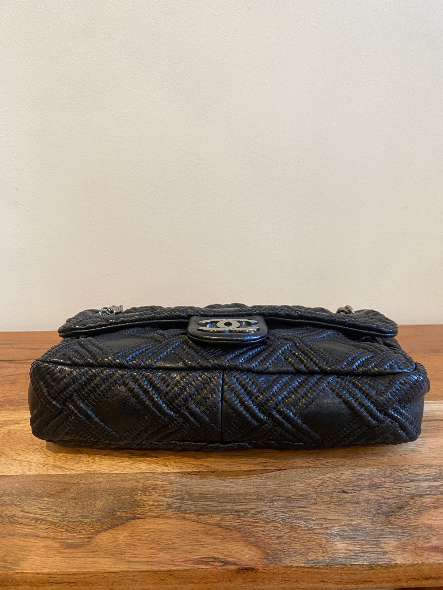 Chanel Black Woven Grid Leather Single Flap Bag