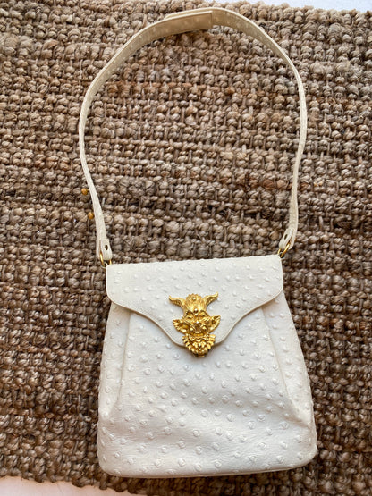 Faux White Ostrich Skin Handbag with gold Clasp