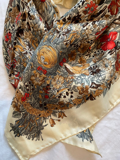 Vintage Flowers and Bird Nest Scarf, 1980's